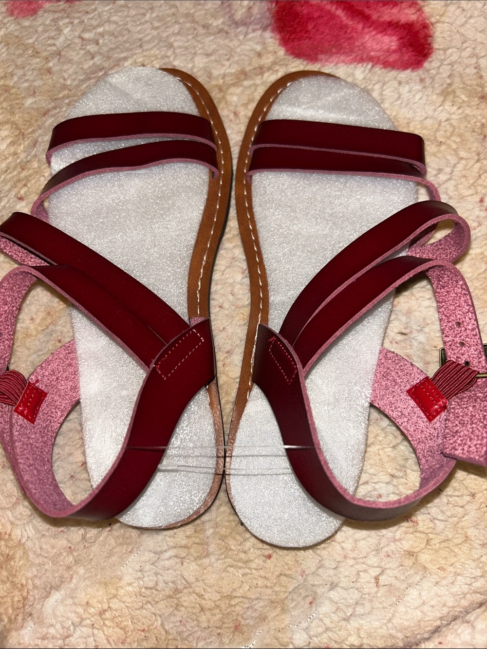 Women's Burgundy and Pink Strappy Flat Sandals